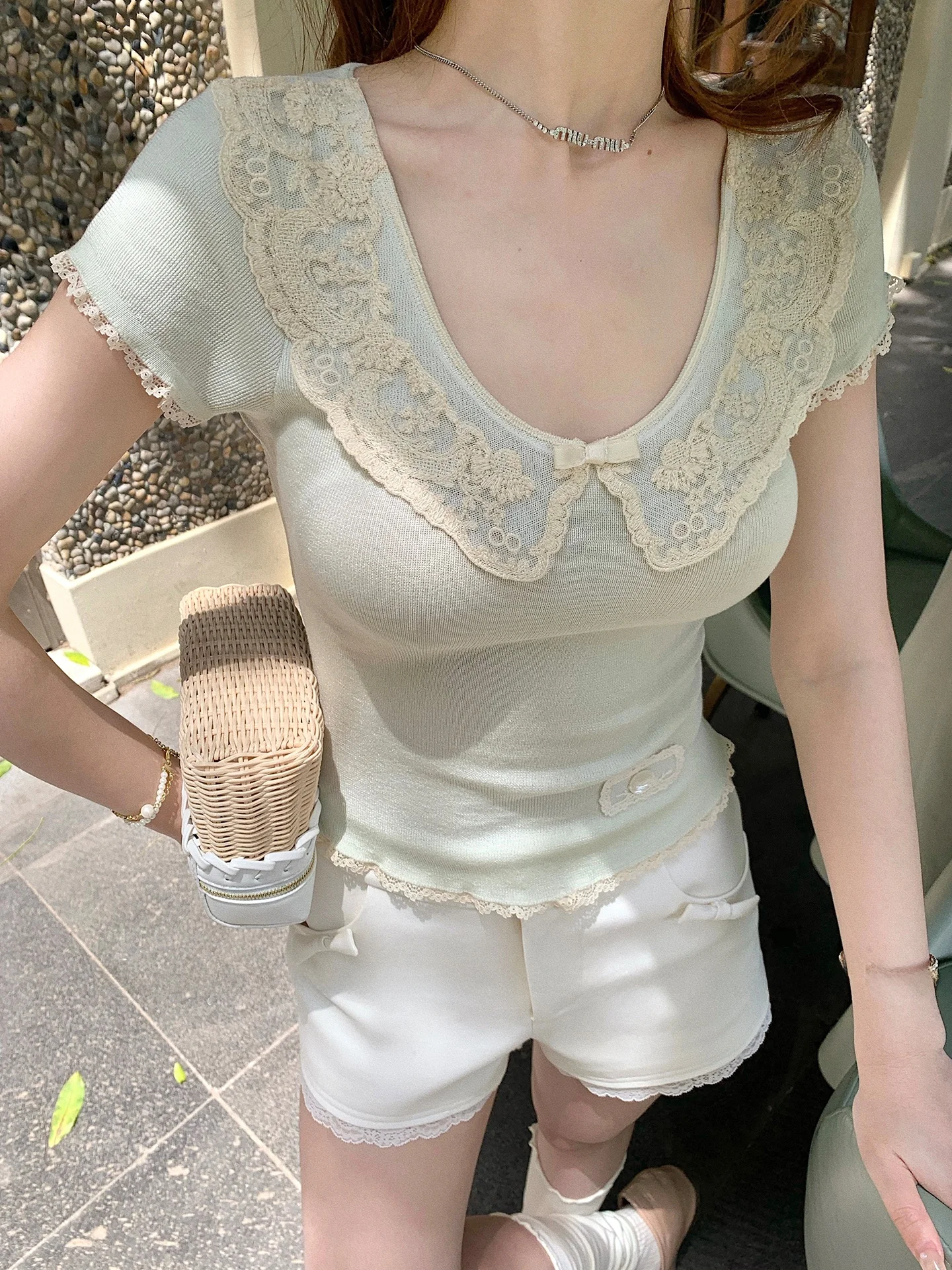 Slimming Lace Waist Shorts Commuter Feel Reusable Versatile High Waist A-Line Princess Style Polyester Fiber Straight Leg Pants