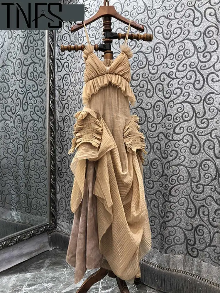 

TANNT Women Dress 2023 Summer Fashion Deep V Neck Backless Sleeveless Pleated Fake Two Loose Long Sexy Spaghetti Strap Dress
