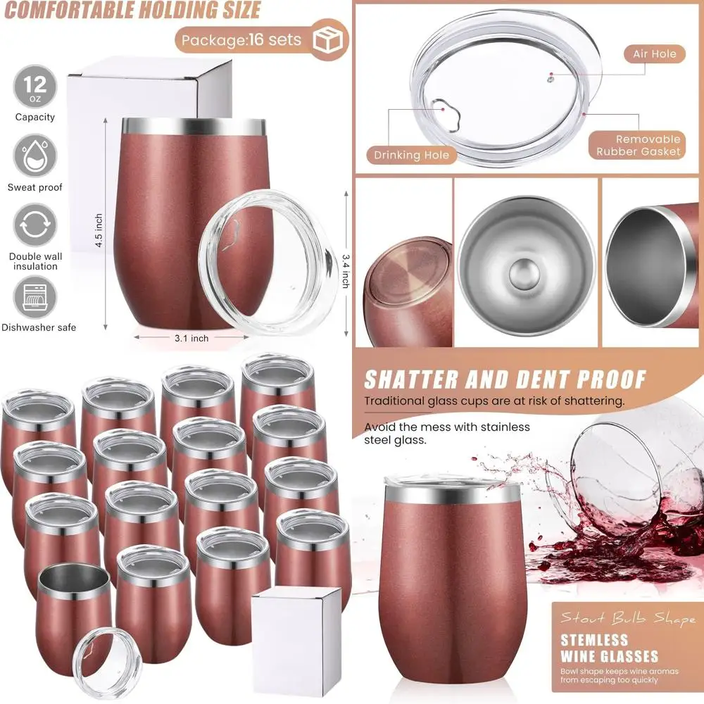 

12 oz Insulated Stainless Steel Wine Tumblers Set, Double Wall Stemless Cups for Outdoor Travel, Rose Gold