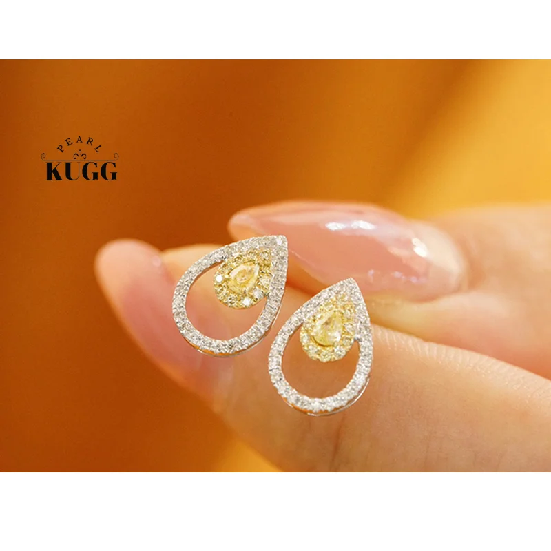 

KUGG 18K White Gold Earrings Classic Design 0.40carat Real Natural Yellow Diamond Stud Earrings for Women High Party Jewelry