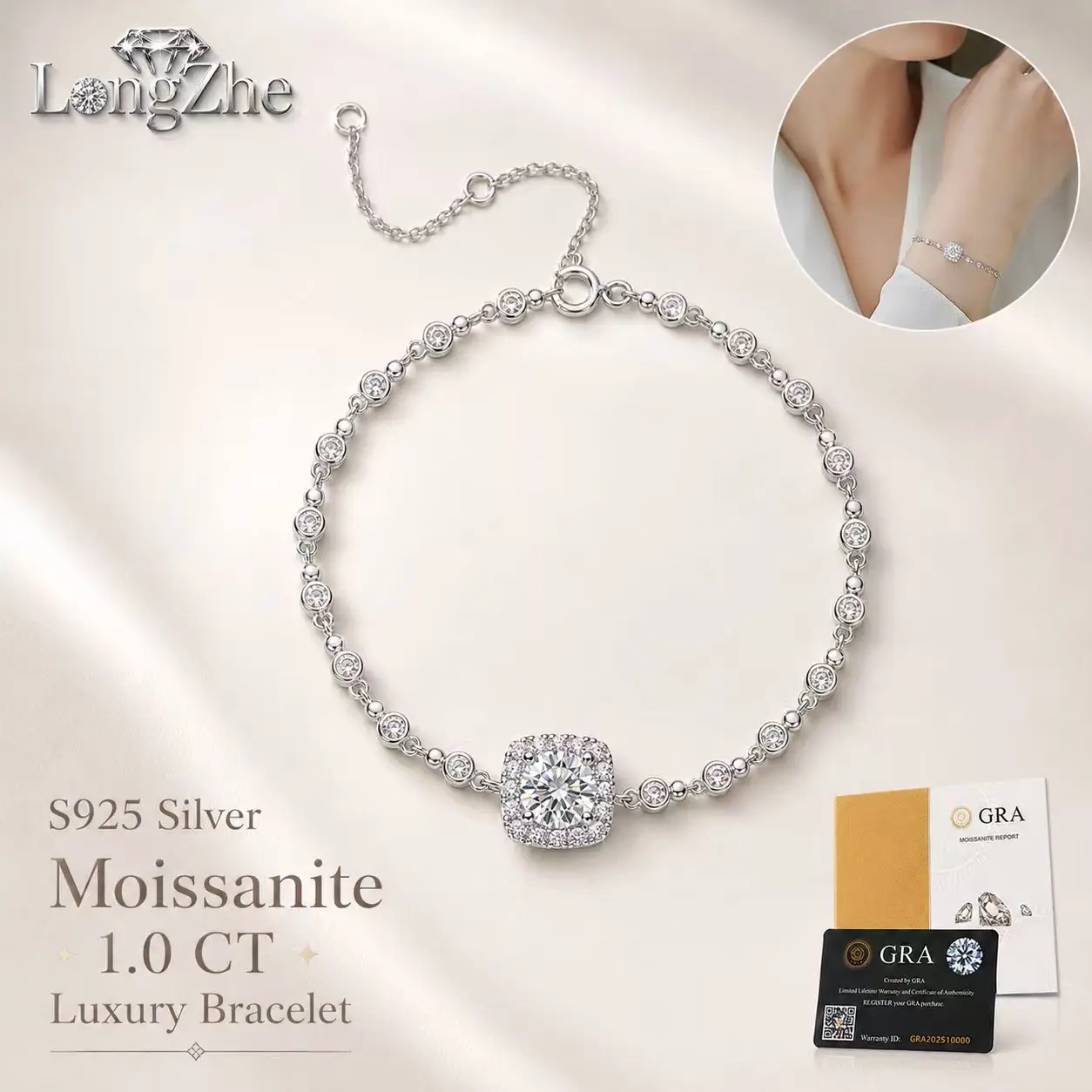 

Office Chic 1CT Cushion Moissanite Bracelet 925 Silver Halo & Accent Stones Adjustable Chain for Women Daily Wear