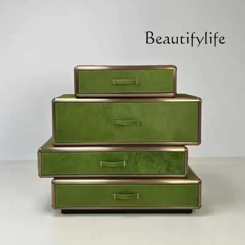 N40 Italian light luxury art saddle leather bucket cabinet simple villa entrance cabinet luxury villa side cabinet locker