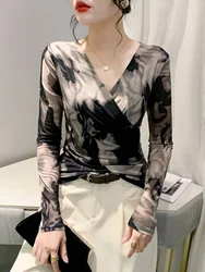 S-3XL Autumn Wrinkled Cross V-Neck Long Sleeve Mesh T-shirt Women High Stretch Printing Fashion Slim Base TShirts FF0919