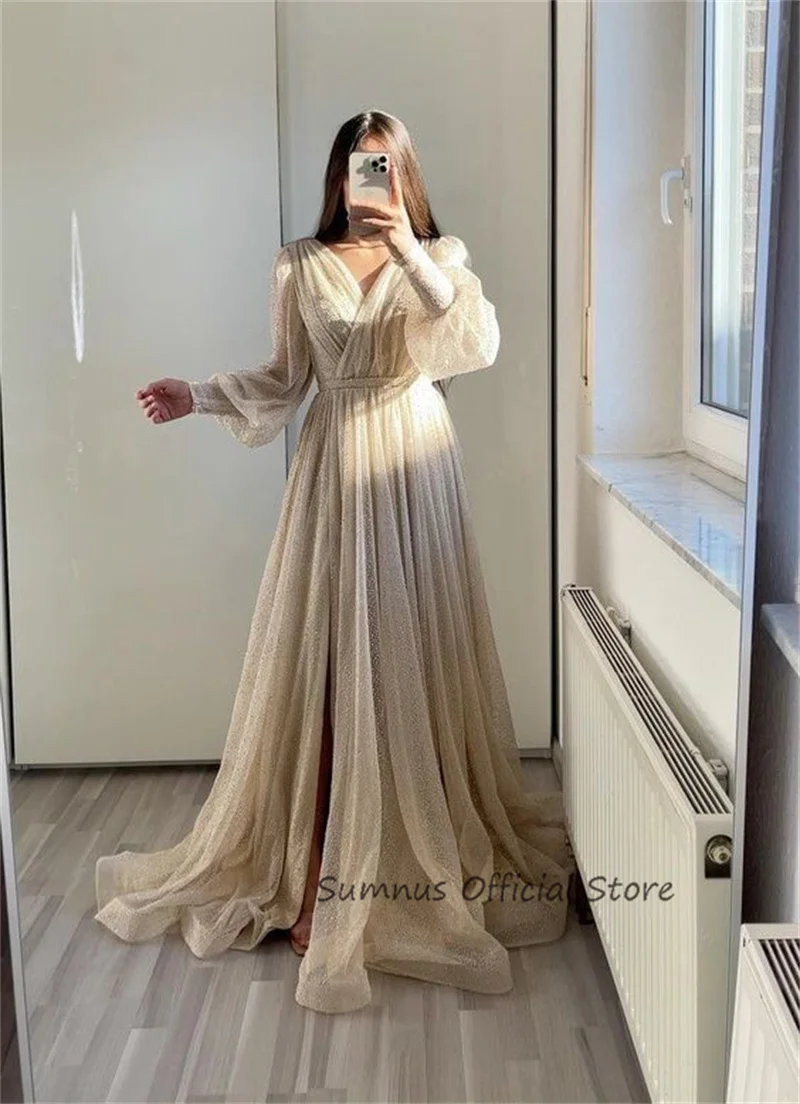 SUMNUS Sparkly Evening Dresses V-Neck Long Puff Sleeves Prom Dress For Women A-Line Draped Classic Party Gowns Robes De Soirée