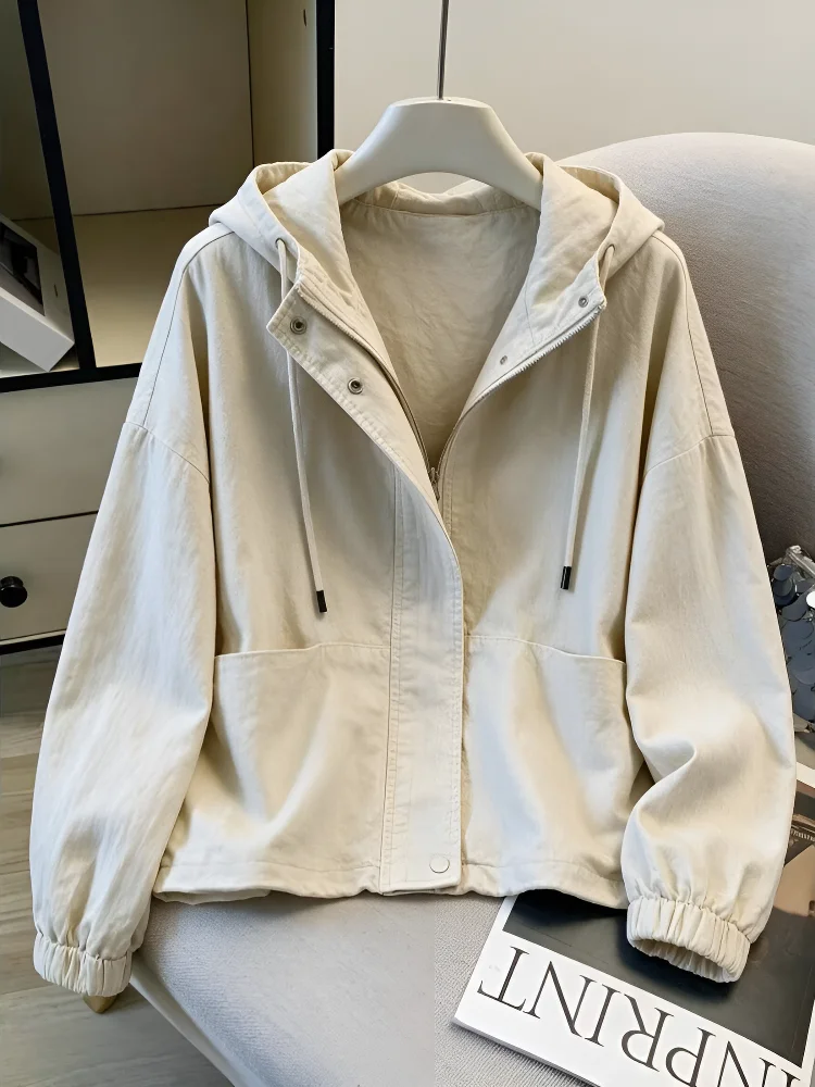 Retro Washed Hooded Jacket Women's Design Spring New Loose Fit Short Outerwear Cotton Commute Style Zipper Decorated Long Sleeve