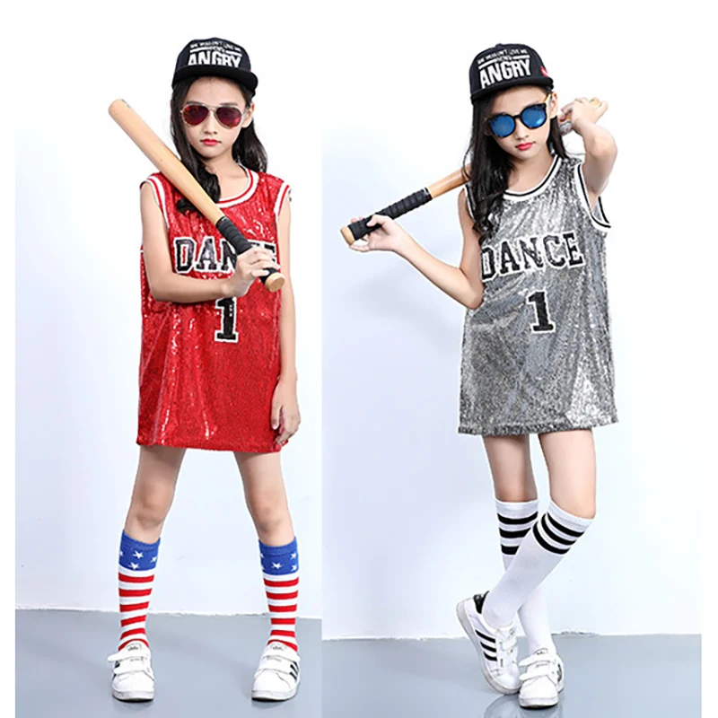 Sequin Jazz Dance Costume Child Summer Girls Hiphop Tshirt Tee Shirt Korean Style Dress Girls Kids Long Modern Hip Hop Costume