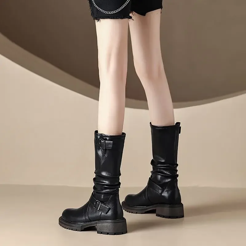 Half High Boots for Women Middle Heel Black Round Toe Mid Calf Shoes Woman Demi-season Spring 2024 Winter Novelty Pu Y2k Goth 39