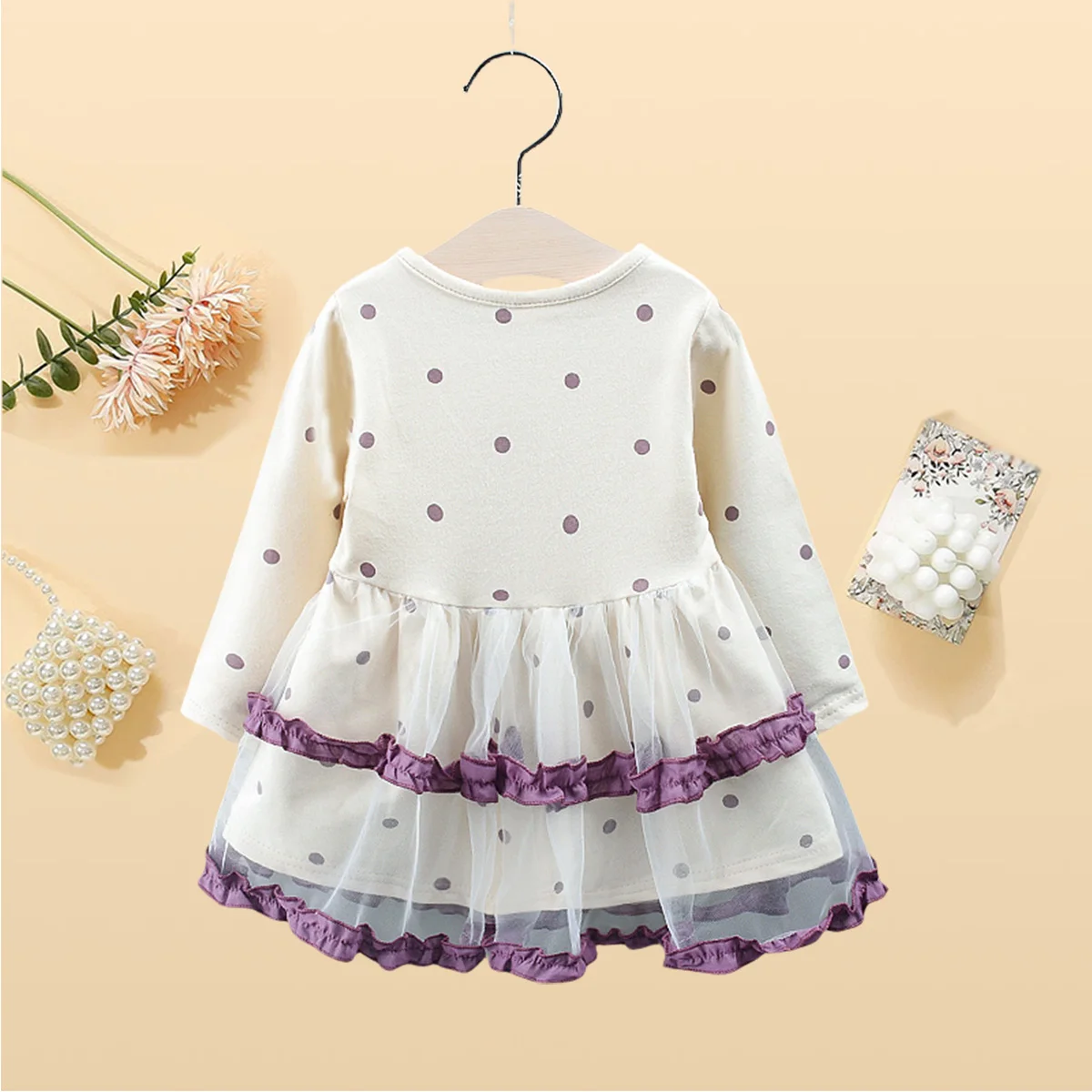 Girls\' Dress Spring Children\'s Clothing New Style Skirt Lace Mesh Skirt Cute And Sweet Polka Dot Long Sleeved Children\'s Skirt