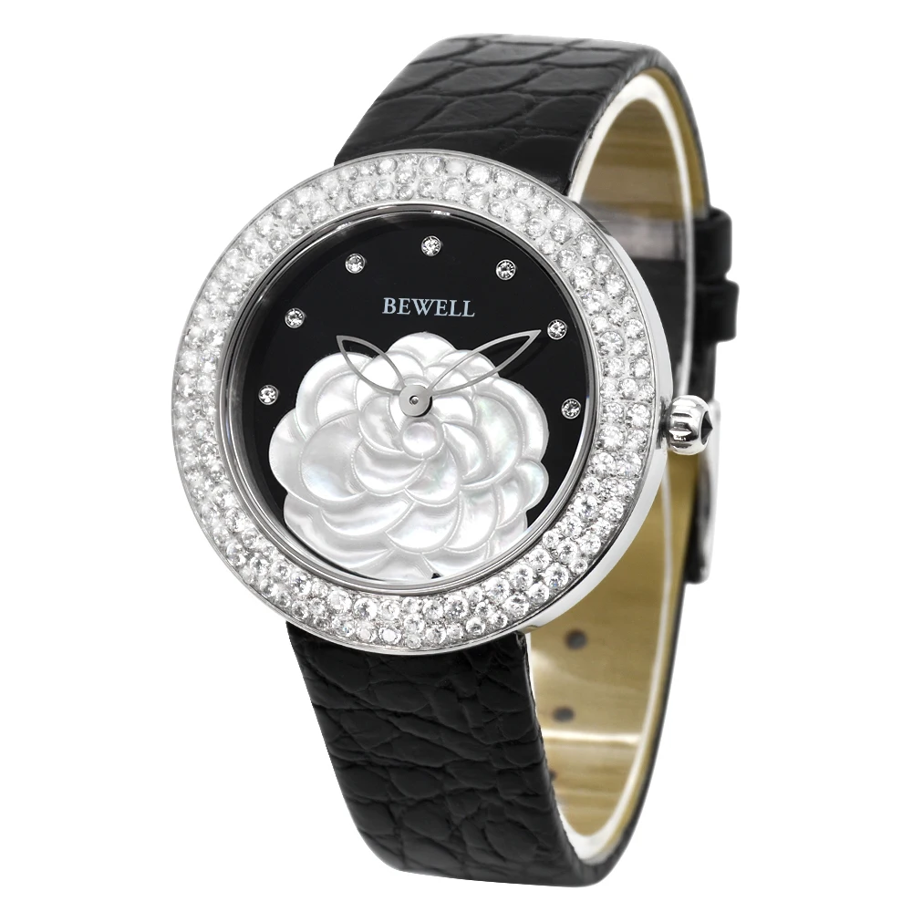 Reloj de mujer de cuarzo de acero inoxidable a la moda con correa de cuero con incrustaciones de diamantes y esfera de flores