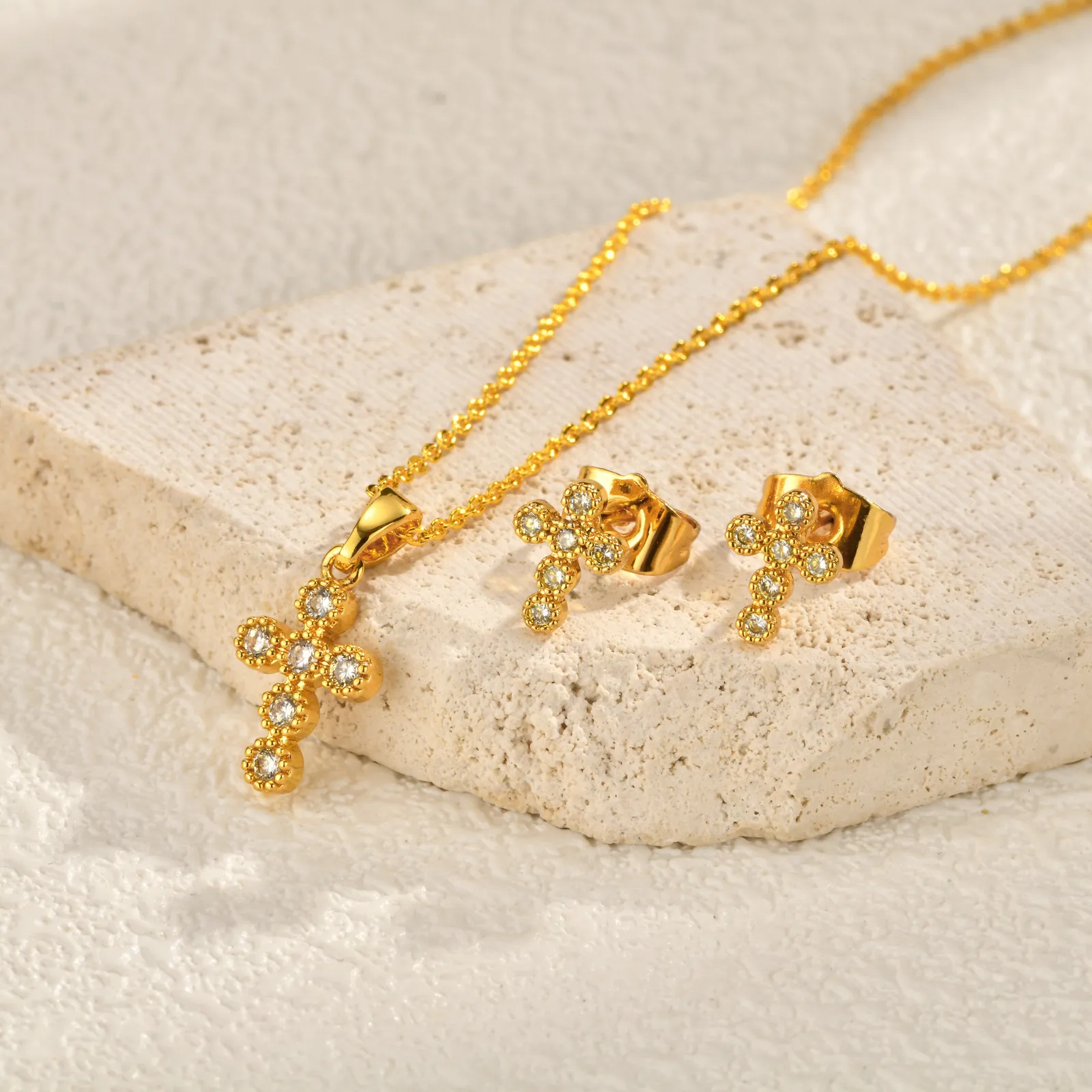 

2 PCS Women Necklace Earring Stud Set Cross gold-plated Trendy Necklace Easter Christian Baptism Religious Faith Jewelry Set