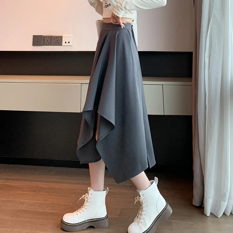 2025 nueva falda Midi Irregular de cintura alta, faldas plisadas de diseño a la moda para mujer, faldas largas elegantes de Color sólido para oficina para mujer