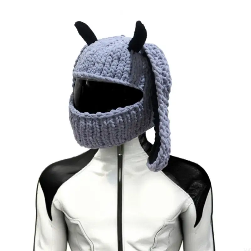 T21F Funny Knitted Rabbits Ear Helmets Cover for Motorcycles Full Face Protective Helmets Headgear for Motorcycling and Skiing