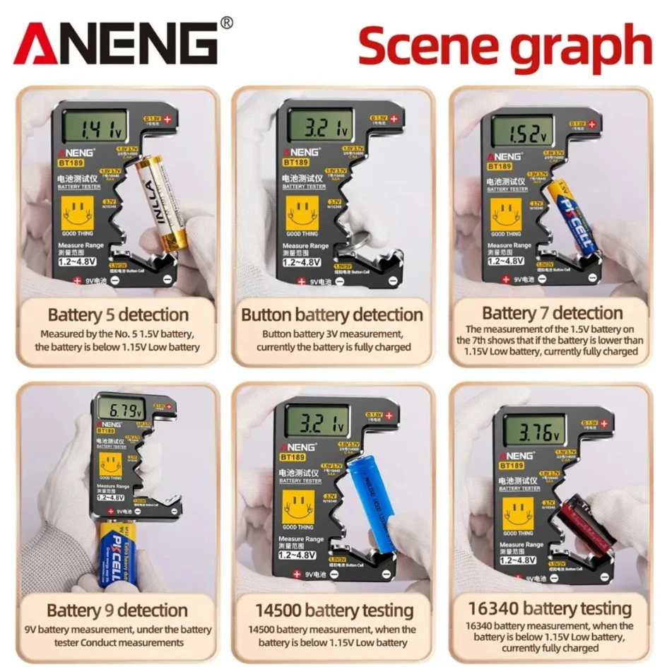 9V N D C AA AAA Universal Household LCD Display Battery Tester Power Bank Detectors Tools ANENG BT189 Button Cell Battery Tester