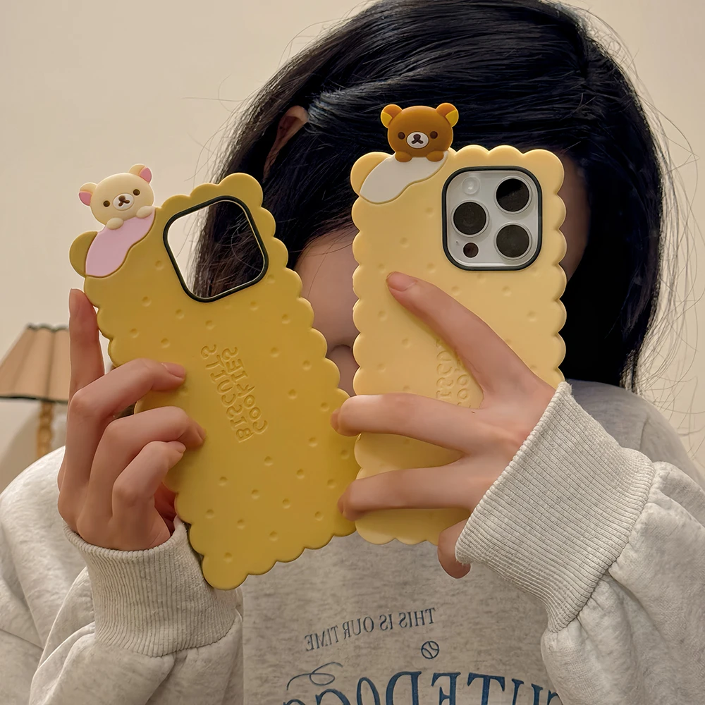 For iPhone 16 15 14 13 12 11 Pro 7 8 Plus X XS Max XR Sandwich Bear Biscuit Soft Silicone Cover Case