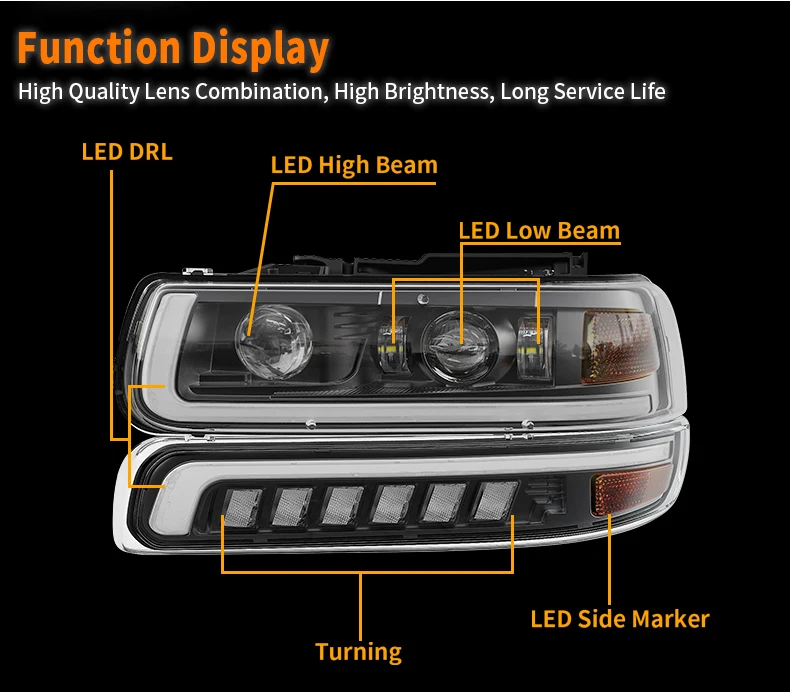 LED DRL Black Headlights+Bumper Lights Hi/Lo Beam LED Projector Headlight For 199-2002 Chevy Silverado/2000-2006 Tahoe Suburban