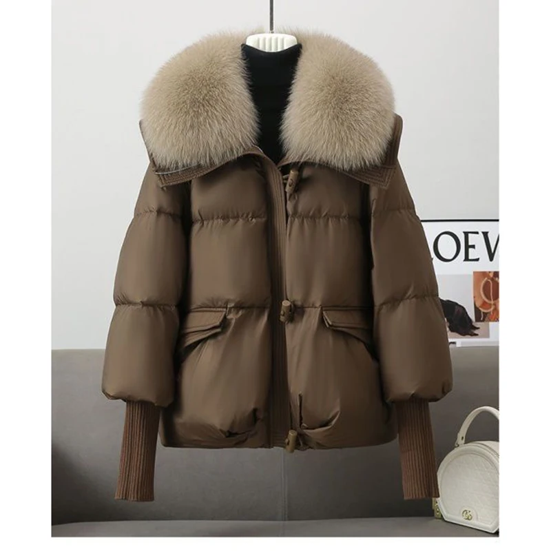 Winter Pocket Zipper Faux Fur Jacket Outerwear Female New Fur Collar Puffer Down Parka Loose Down Warmer Thicken Snow Jacket