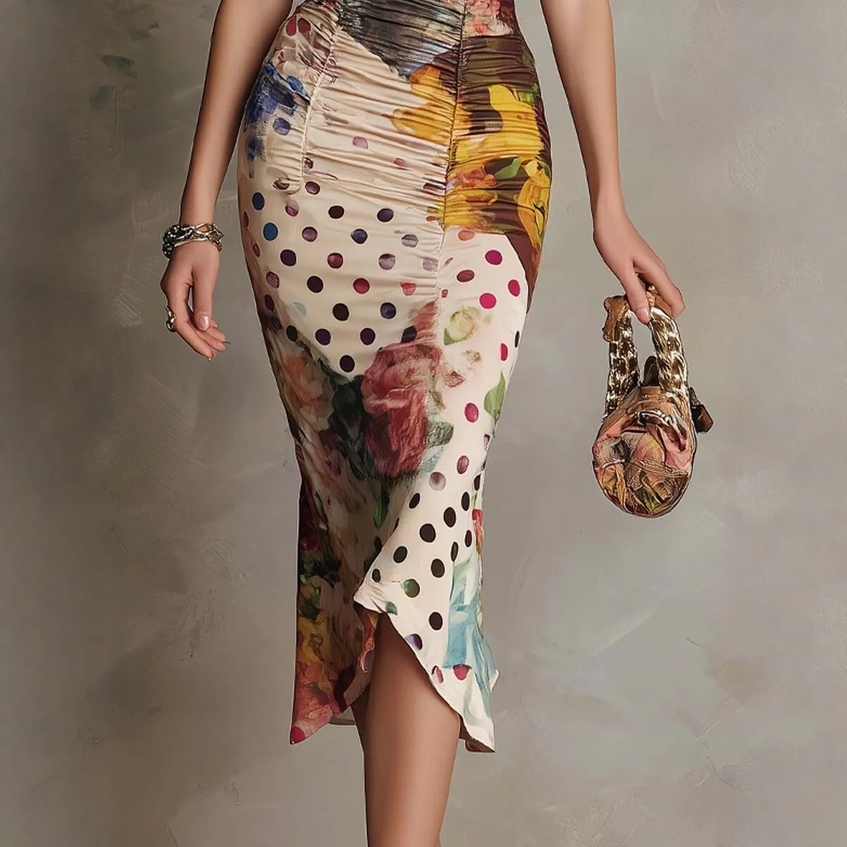 Printed Gown Pullover Slim Fit Vintage Style with Mid Length Square Neck Asymmetrical Hem Pleated Dress for Women Summer