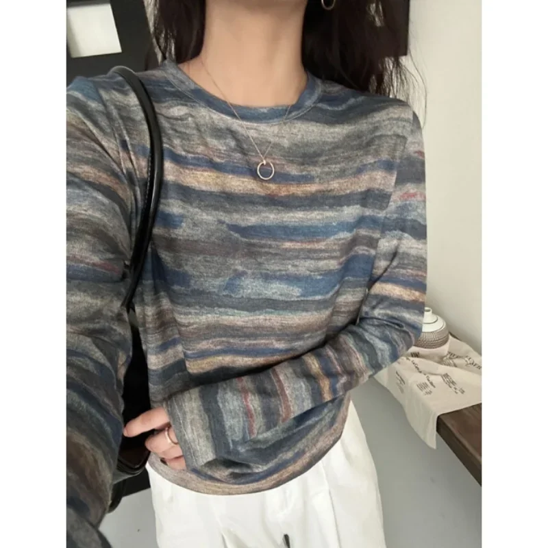 

Draft Ink Round Neck Long-sleeved T-shirt Women in Spring and Autumn New Temperament Slim Striped Base Shirt Top