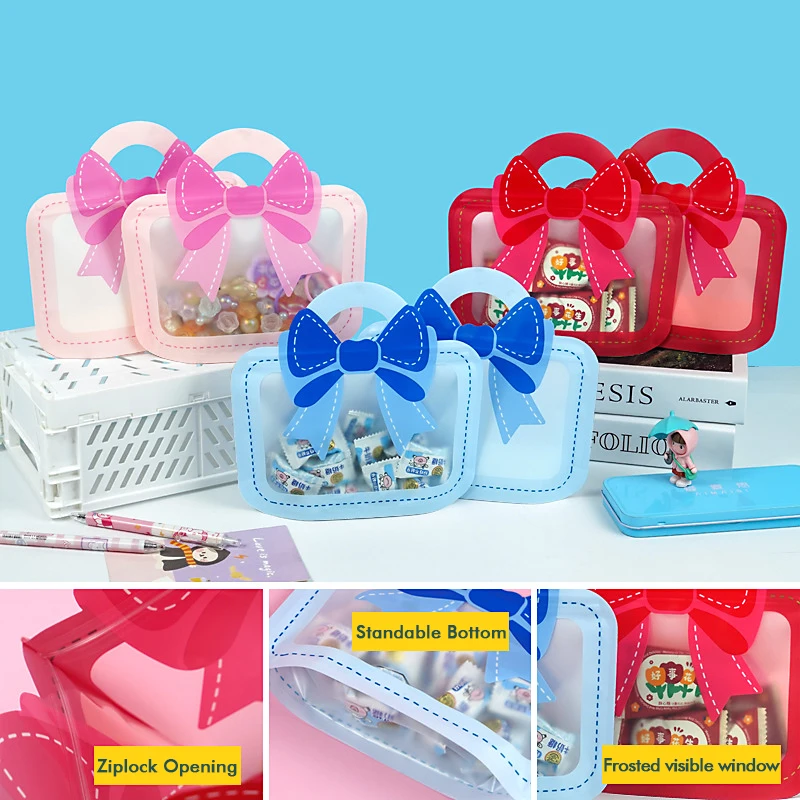 30Pcs Bow Snack Packaging Bag Portable Design Cosmetics Candy Small Items Storage Self Seals Cartoon Bow Portable Gift Bag