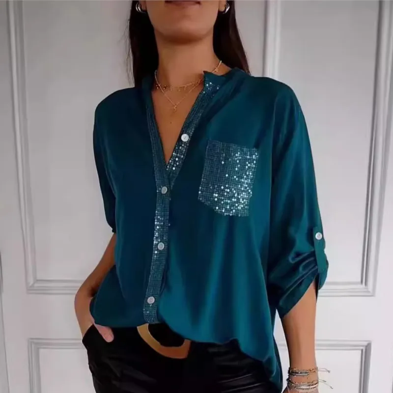 

Women Casual Office Shirt Top Spring Summer V-neck Long Sleeve Button Blouse Fashion Solid Sequins Pocket Loose Shirts Tops
