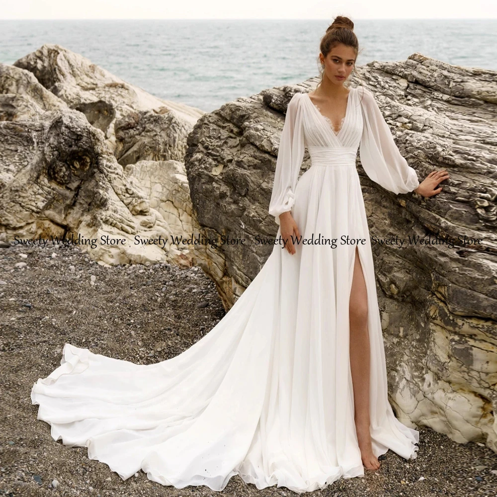 Jiayigong Beach Wedding Dress for Women Customized Long Sleeve V Neck Lace High Slit Sexy Bride Dresses Chiffon Bridal Gown