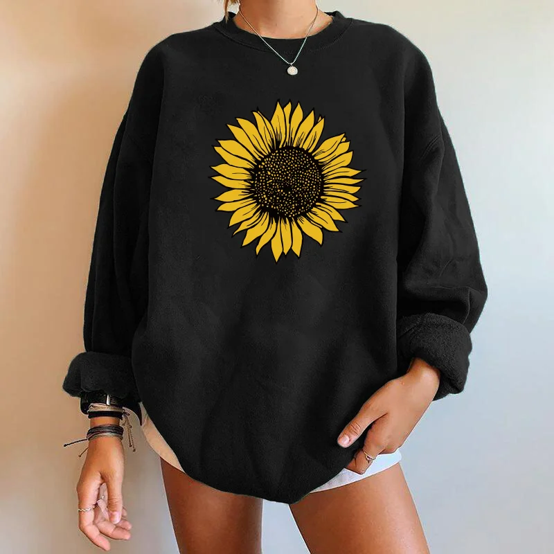 Seeyoushy Harajuku Sweatshirt Sunflower Print Women Sweatshirt Crewneck Pullover Drop Shoulder Loose Streetwear Moletom Feminino