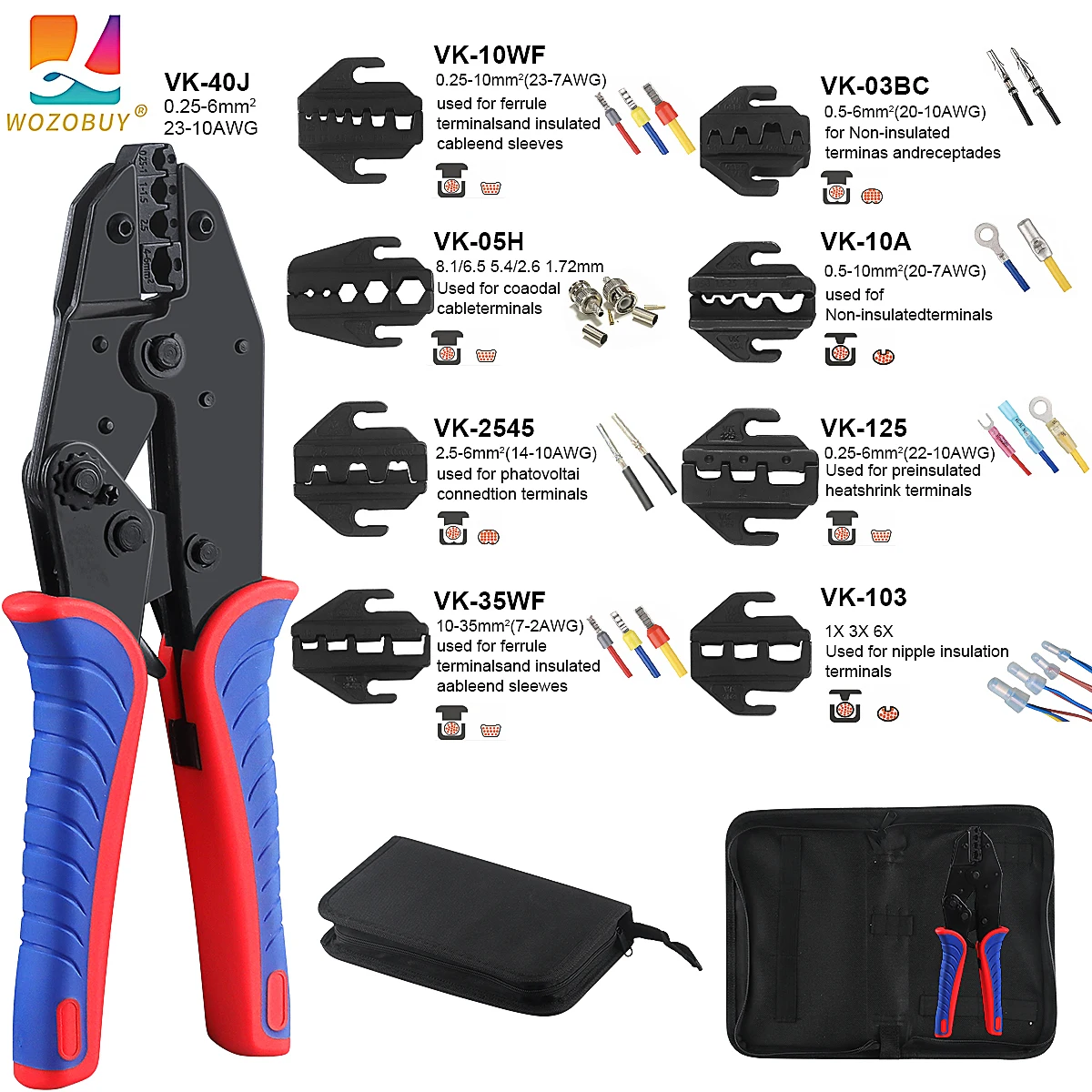 Crimping Tool VK-40J, Heat Shrink Crimping Tool Various Jaws for Ferrule Wire End,Open Barrel,Insulated and PV Conncetors