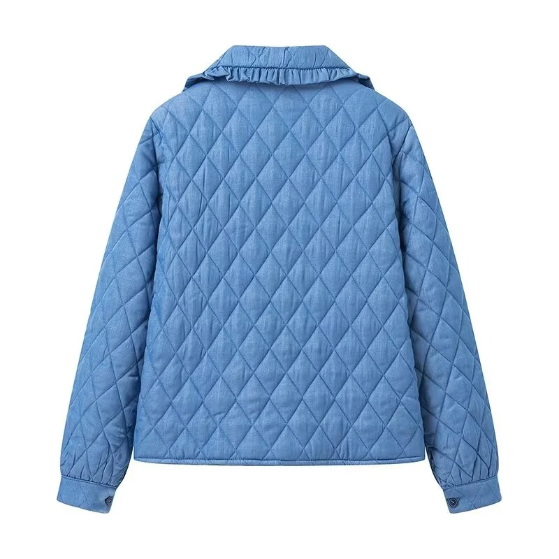 Woman Fashion Blue Loose Cotton Jacket 2024 Female High Street Argyle Jackets Girls Casual Lacing Outwear