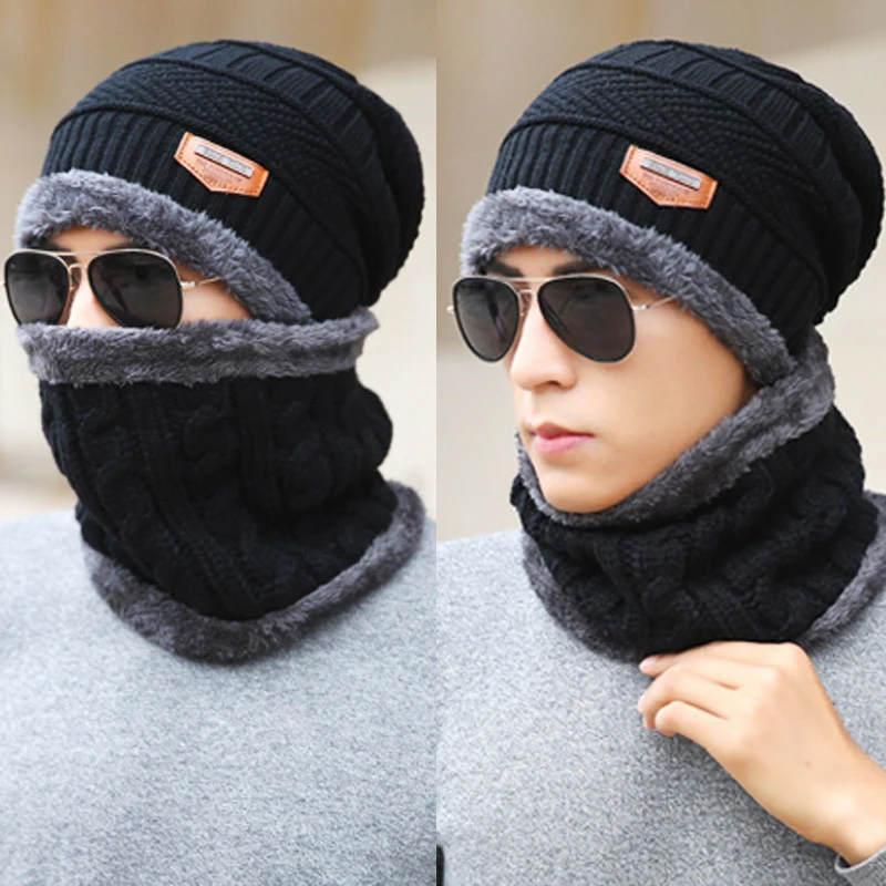 

Men Winter Hats And Scarves Set Outdoor Cycling Windproof Keep Warm Ear Protection Knitted Woolen Cap