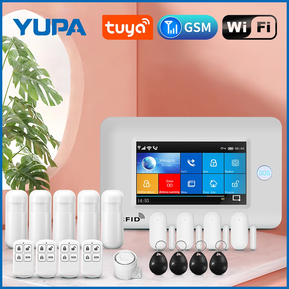 YUPA Burglar Home Security Alarm System 4.3 Inch Touch Panel WIFI GSM Wireless With Motion Sensor TUYA App Compatible With Alexa