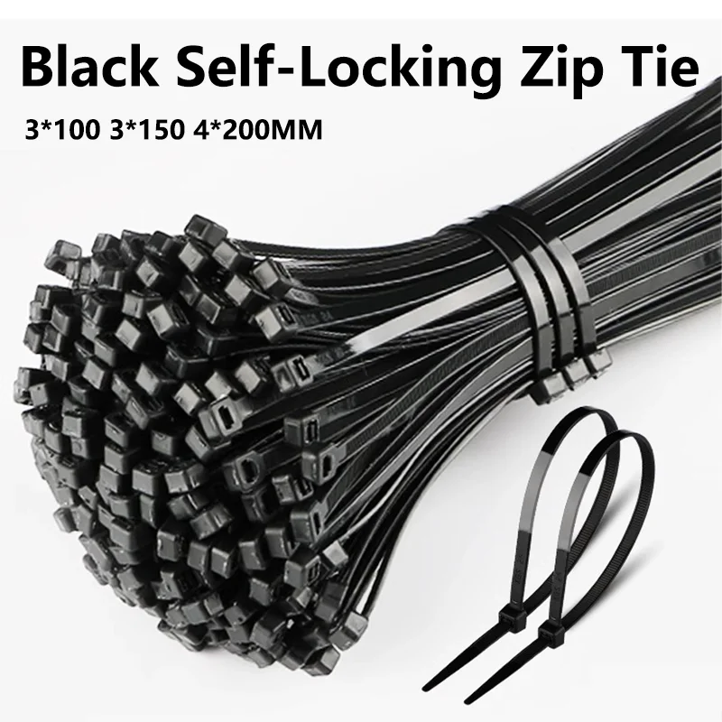 500/1000PCS 3*100 3*150 4*200 Nylon Self-locking Plastic Tie Black Cable Tie Fastening Ring Zip Wraps Strap Nylon Cable Tie Set