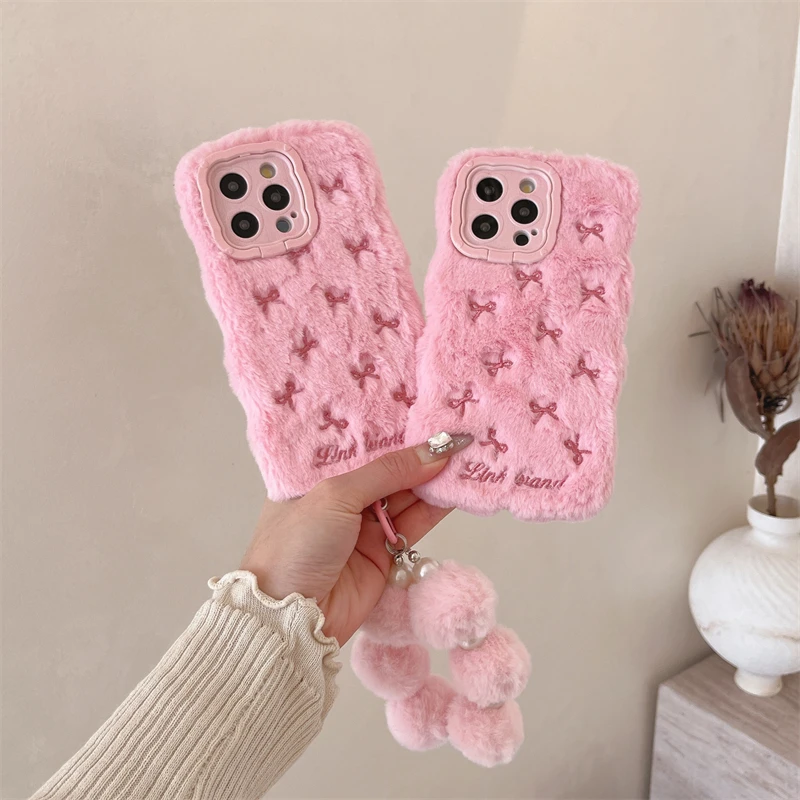 Cute Embroidered Bow Plush Phone Case For Huawei P40 Pro P50 Pro P60 Pro Pura 70 Pro Girls Autumn Winter Furry Soft Back Cover