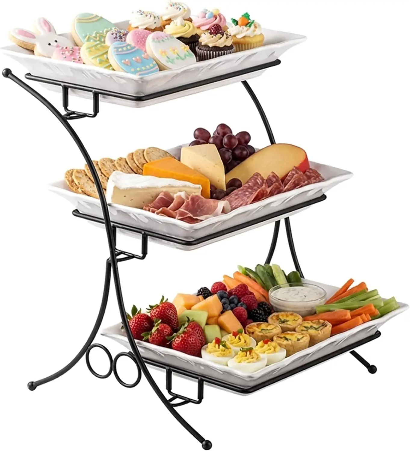 

3 Tier Serving Tray Stand, Porcelain Baking Set with Serving Stand, Buffet Server for Fruit Dessert Display, Party Thanksgiving