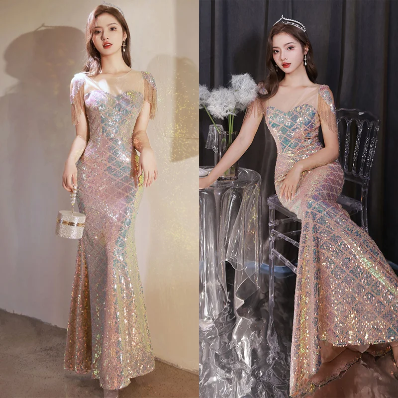 

It's Yiiya Strapless Sequins Tassel Short Sleeve Floor-Length Zipper Back Mermaid Champagne Formal Dress Dress Woman Party A2909