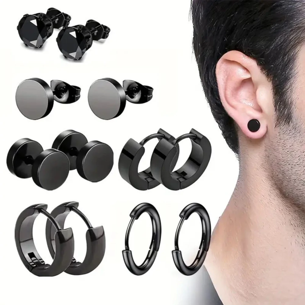 6 pairs of stainless steel minimalist fashion style black and white barbell stud earrings round stud earrings, accessories set f