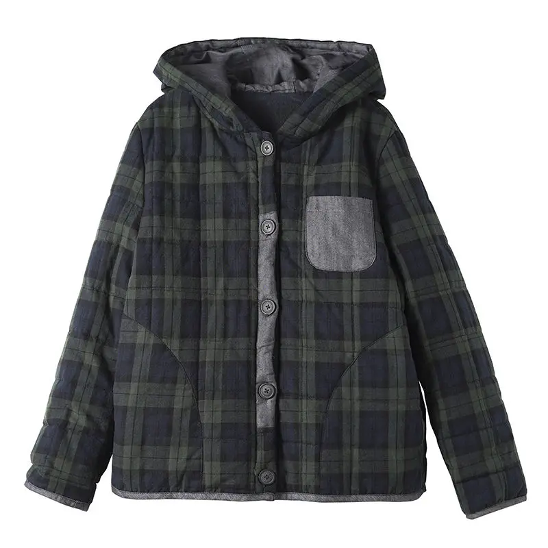 2024 new padded clothes women autumn winter Parkas fashion plaid hooded single-breasted cotton jacket female Casual Outwear R468