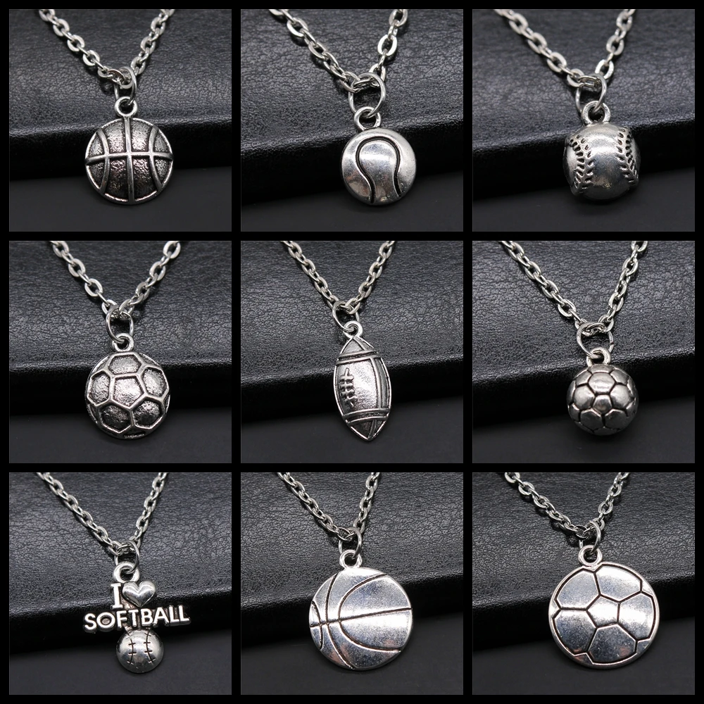 Vintage Antique Silver Color Sport Jewelry Necklace Volleyball Soccer Basketball Baseball Pendant Necklaces Metal Chain Gift