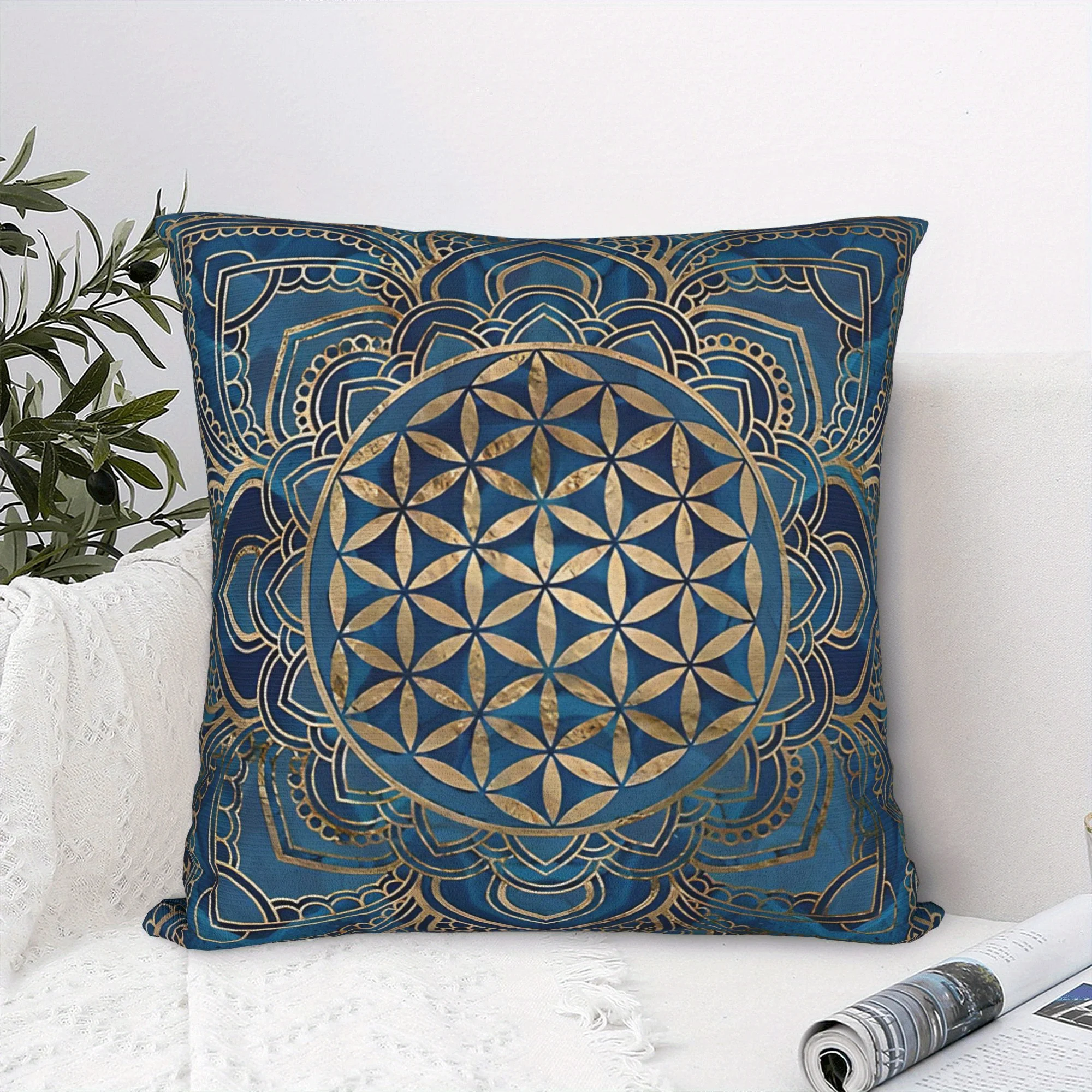 1pc 2D Flat (Pillow Not Included) Blue Gold Mandala Flower of Life Pillow Cover Yoga Meditation Decor Soft Plush Cushion Case
