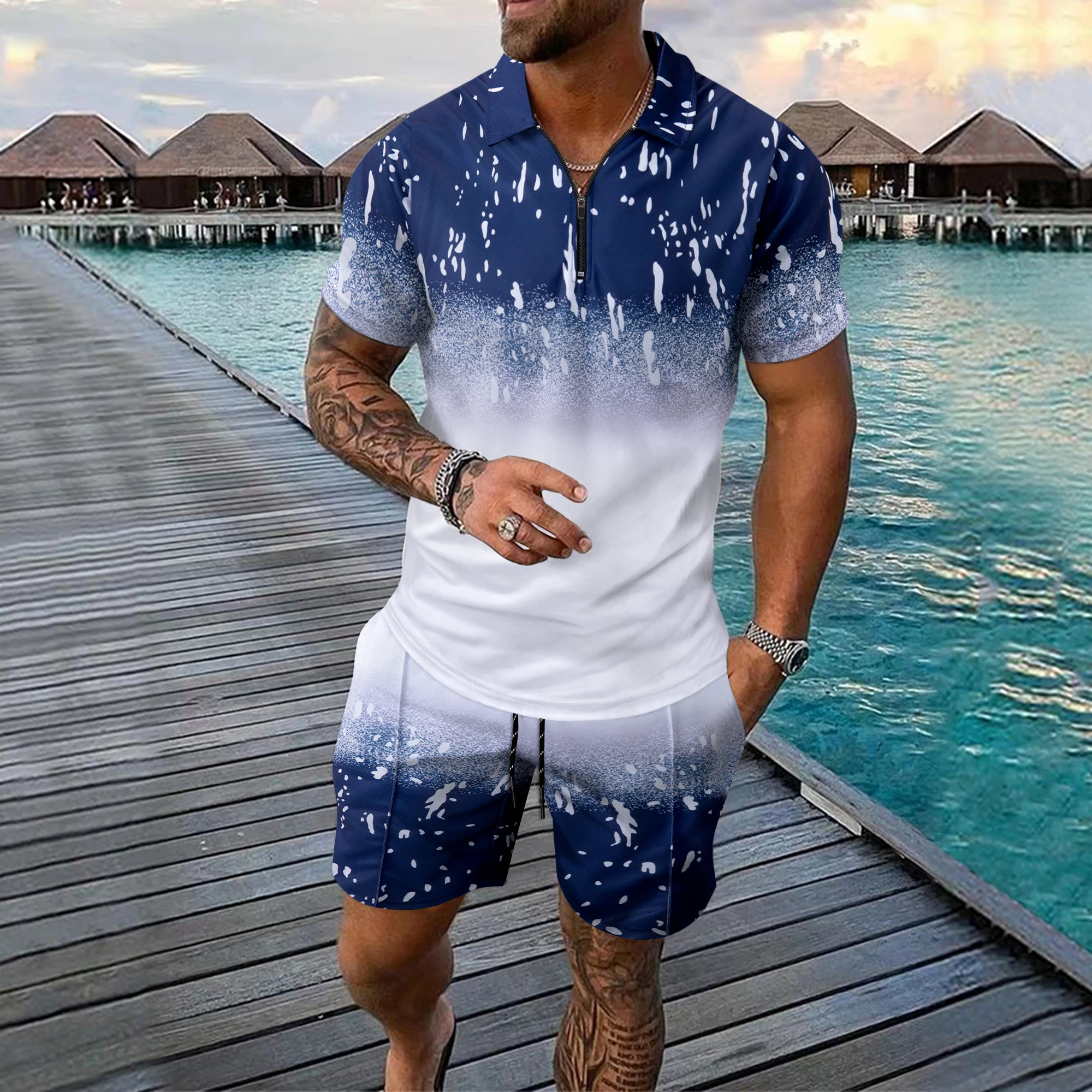 Bild 5: Interessantes Herren-Kurzarm-Set mit 3D-Karomuster, modischem Reißverschluss-Poloshirt und Shorts, lockeres Sommer-T-Shirt-Set