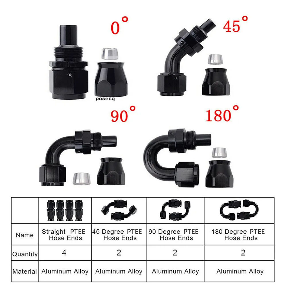 6AN Zwart Nylon PTFE Brandstofleiding 16ft 10 Fittingen Slangset E85