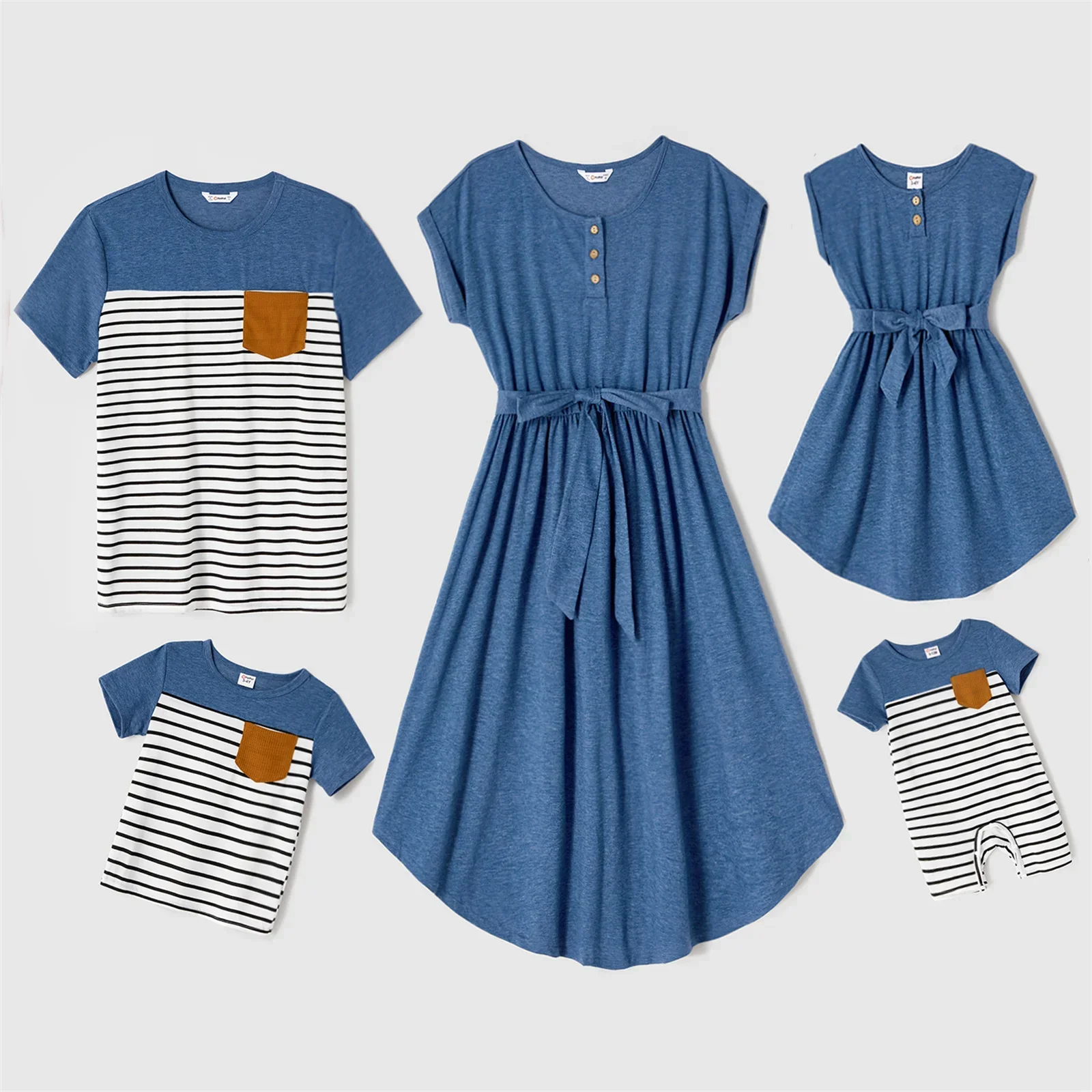 PatPat Family Matching Outfits Blue Cap-sleeve Belted Midi Dresses and Short-sleeve Striped Spliced T-shirts Family Looks Sets