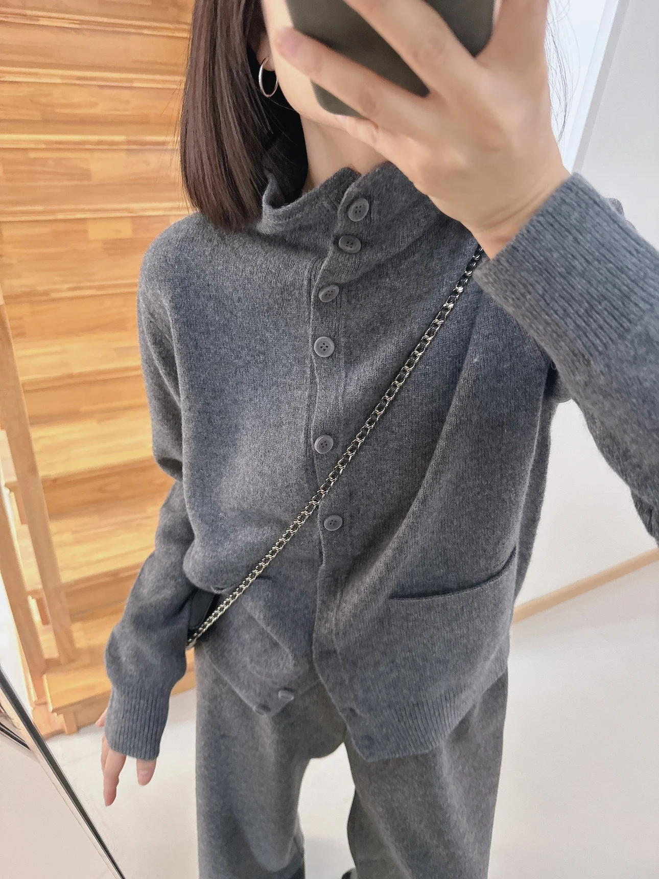 

Floral Ice Cr High Collar Button Pure Color Woolen Sweater Cardigan Women's Winter Loose Fit Long Sve Thiened Top