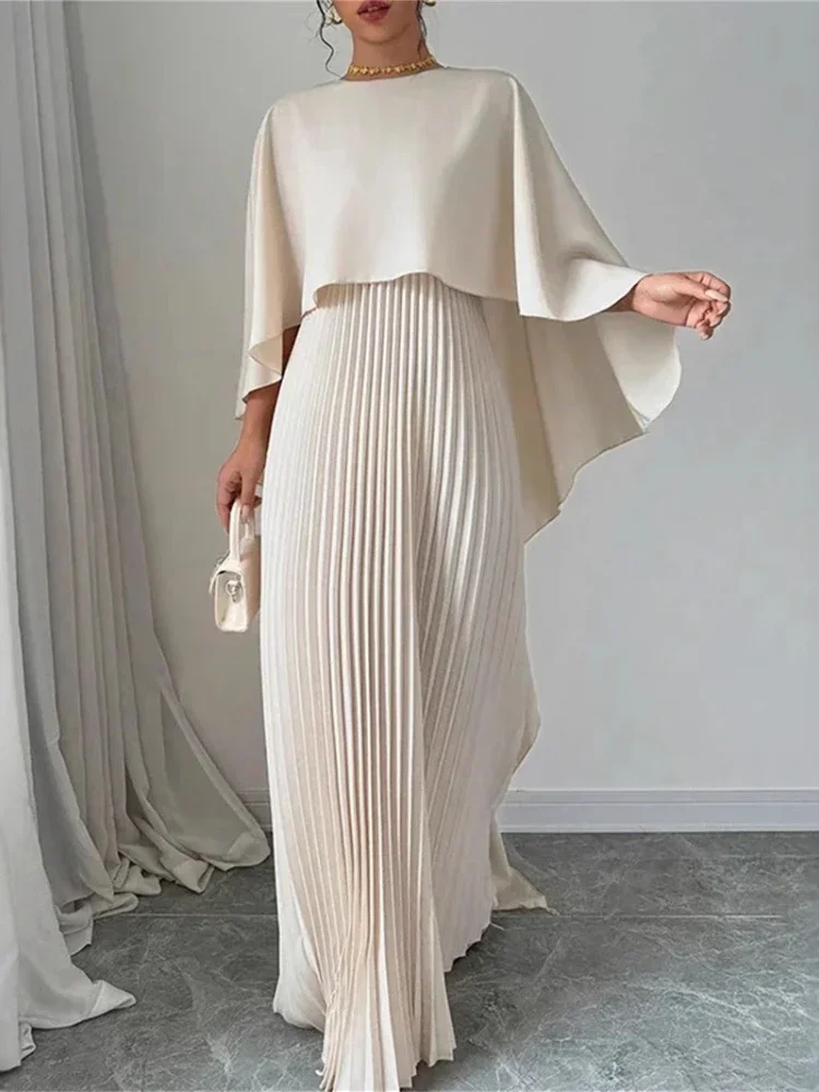 

BluWin Summer Elegant Crew Neck Pleated Dresses Women Casual Solid Loose Long Dress Cloak Sleeves Ruffle Maxi Dress Vestidos