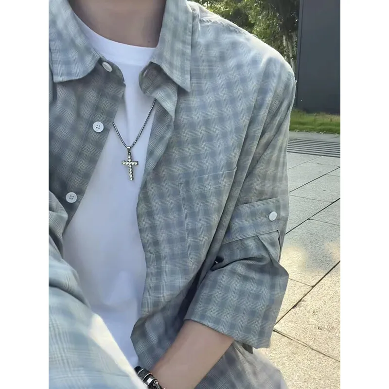 

Мужская клетчатая рубашка с длинным рукавом, повседневная весенне-осенняя модная рубашка, уличная одежда, городская удобная посадка, дышащая легкая одежда