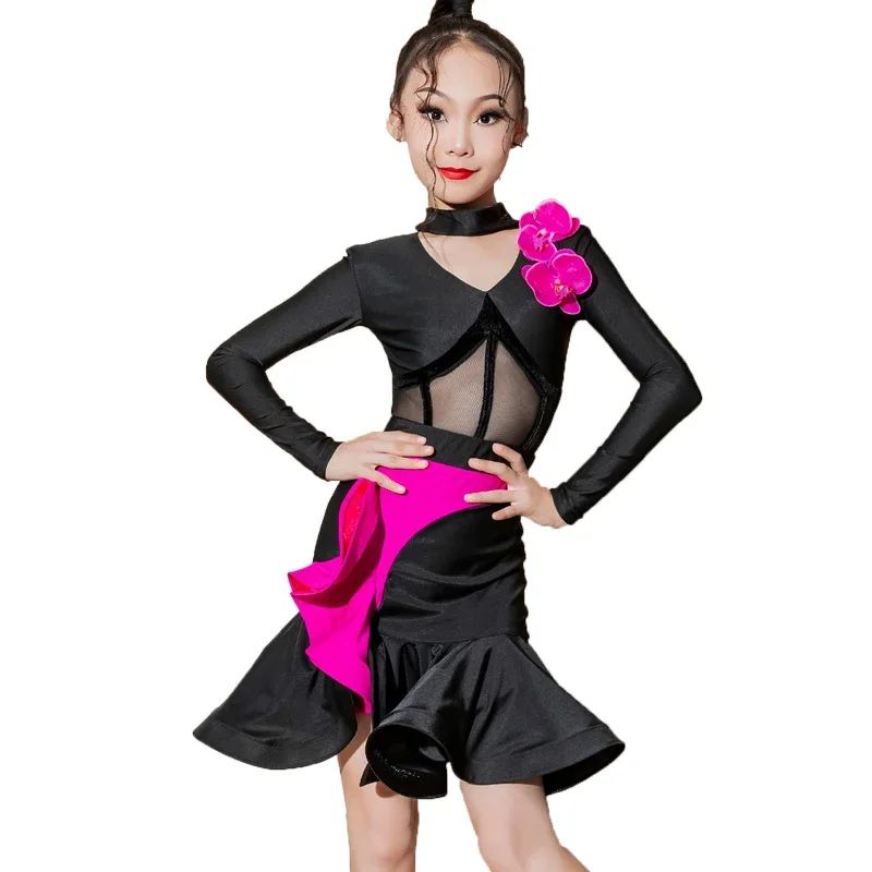 

Children's Latin dance dress performance training practice performance dress net gauze girls long sleeve petal skirt