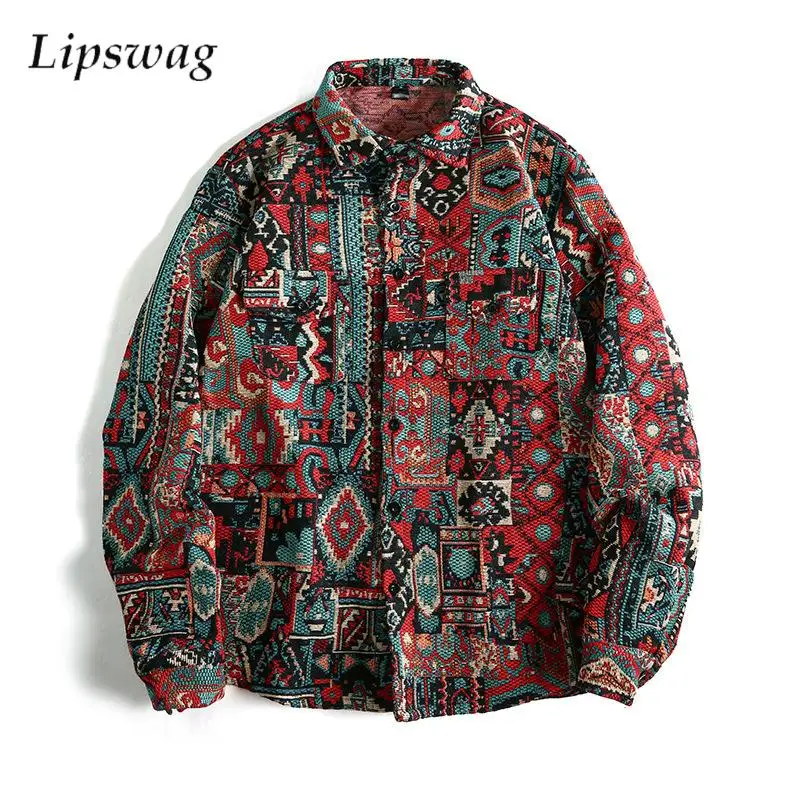 

Vintage Geometric Ethinic Jackets For Men Fall Casual Long Sleeve Buttoned Jacket Coat Stylish Mens Turn-down Collar Cardigans