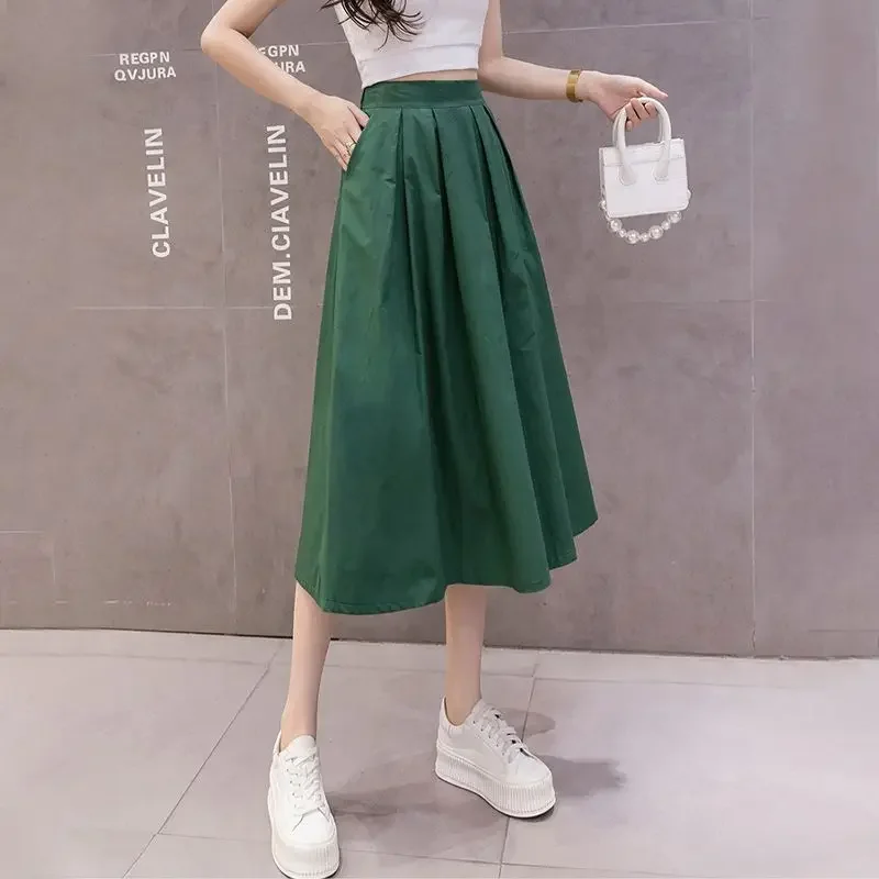 Clothing Pleat High Waist Womens Skirt Green Pleated Skirts for Women with Pocket Summer 2024 A Line Chic and Elegant Quality V