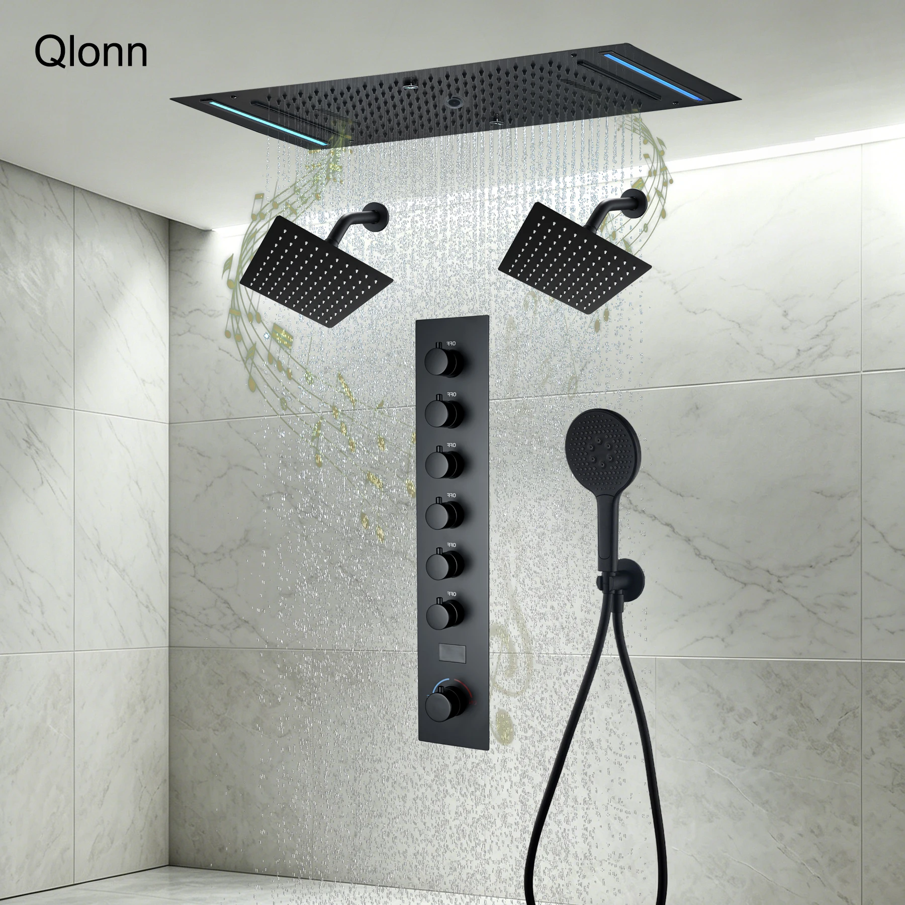 6 Functions Matte Black Brass Shower Panel Hot Cold Control Ceiling Mount Rain Shower Body Jets Handheld Bathroom Shower Set