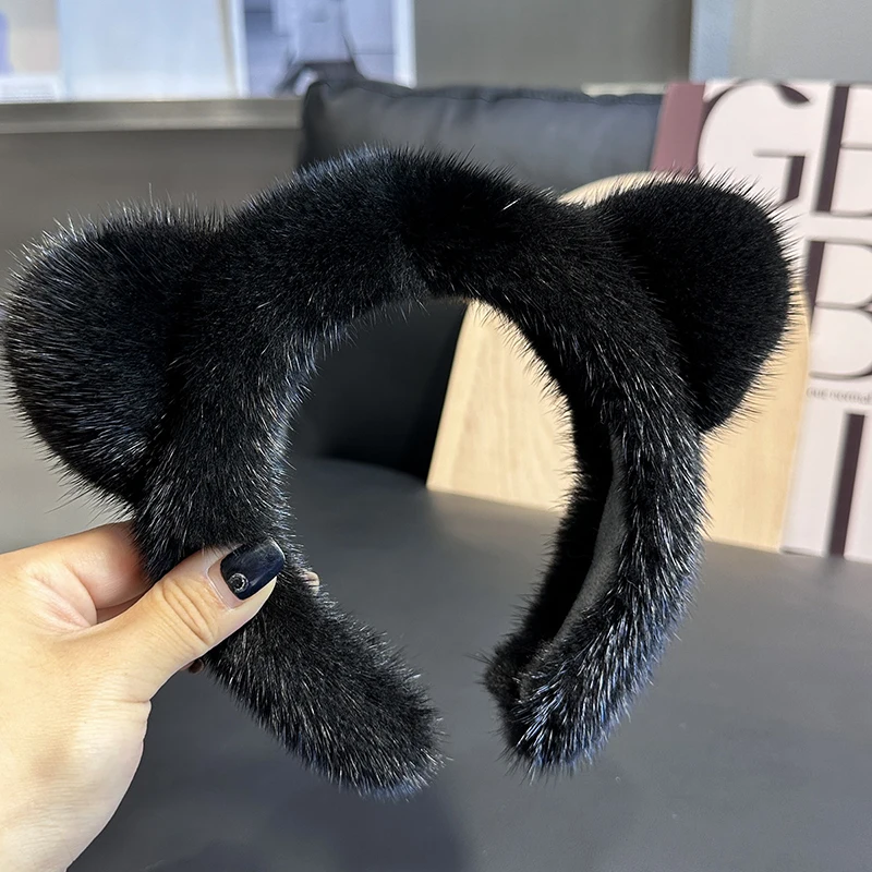 Cute Real Mink Fur Cat Ears Headband For Women 100%Fur Plush Hair Accessories Solid Head Wraps Luxury Girlfriend Gift Winter