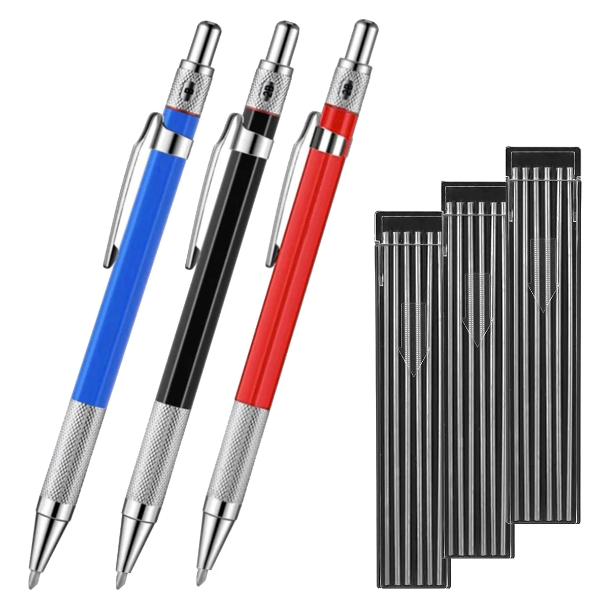 3 Silver Stripe Welder Pencils with 36 2.0Mm Round Refills Pencils with Woodworking Pencil Marker Marking Tool